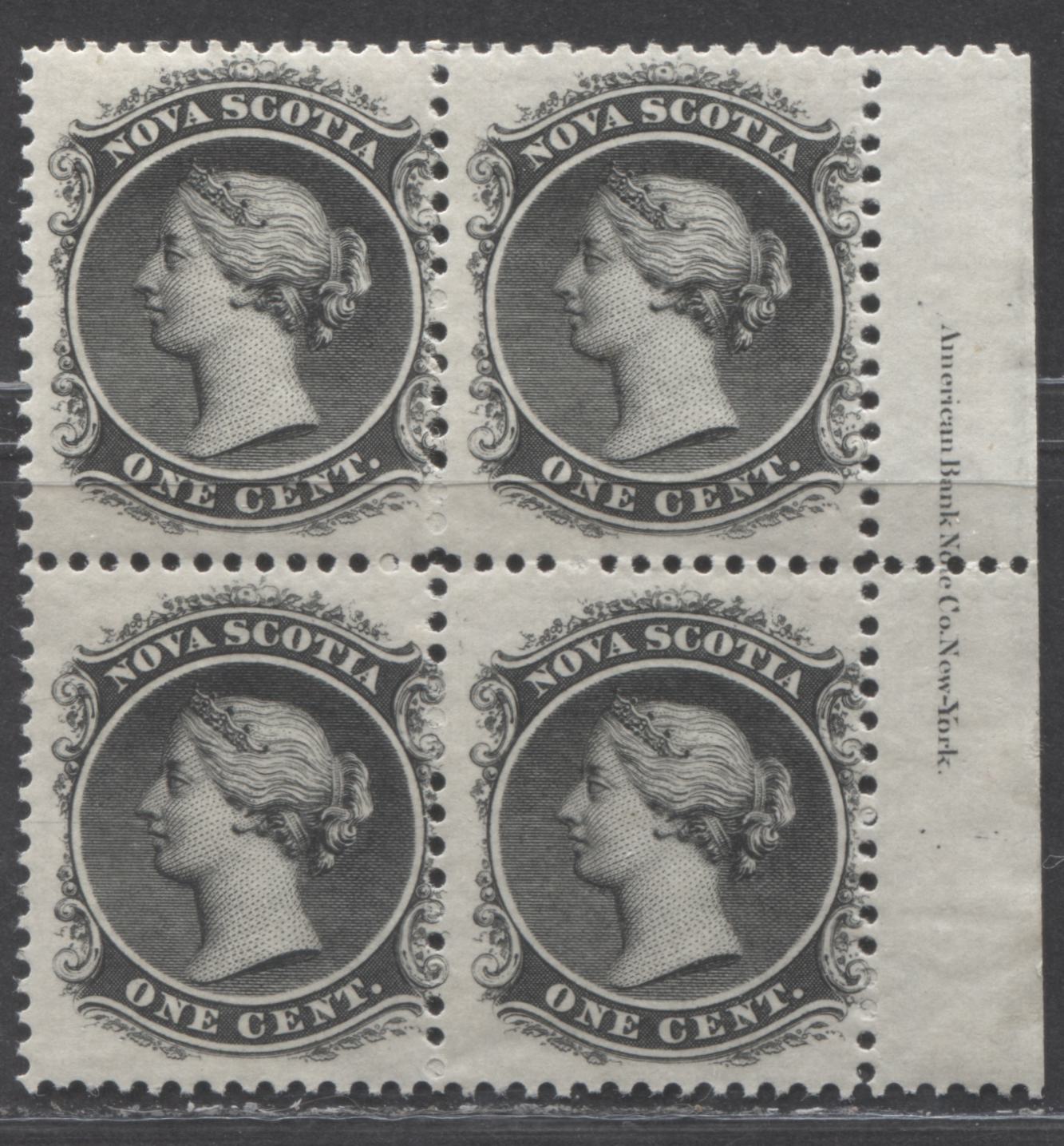 Lot 72 Nova Scotia #8a 1c Black Queen Victoria, 1860-1863 First Cents Issue, A VFNH Imprint Block Of 4 On White Paper, Perf 12 x 11.75