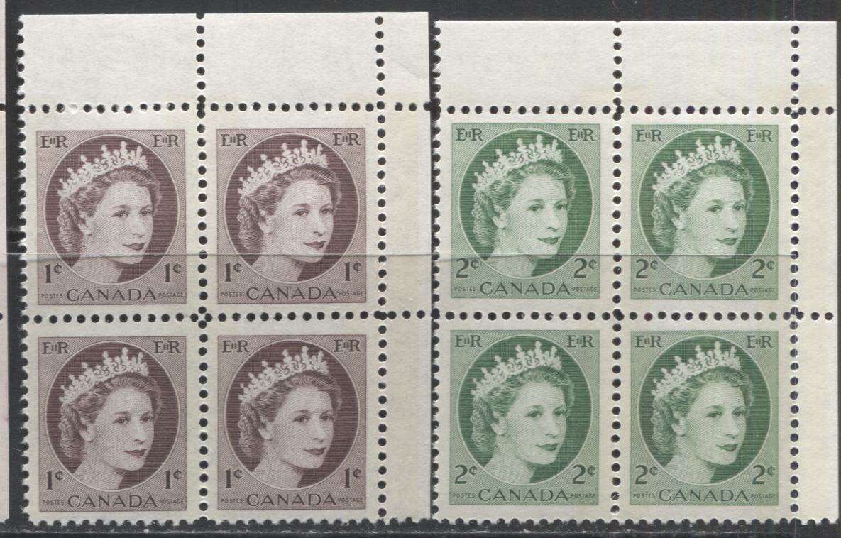 Lot 72 Canada #337p-338p 1c & 2c Violet Brown & Green Queen Elizabeth II, 1954 Wilding Issue, 2 VFNH UR Winnipeg Tagged Corner Blocks Of 4