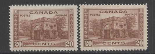 Lot 72 Canada #243 20c Red Brown Fort Garry Gate, 1938 Pictorial Issue, 2 VFLH Singles, 2 Different Shades, Papers & Gums