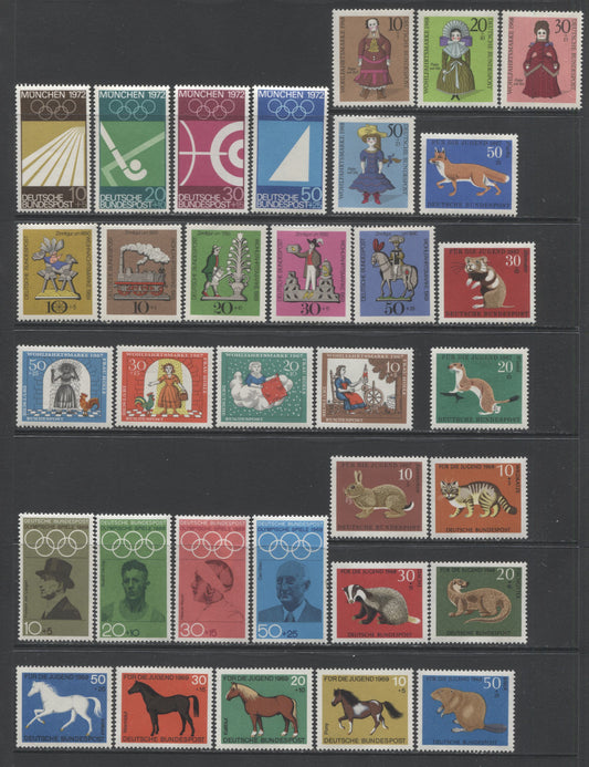 Lot 73 Germany SC#B422-454 1967-1969 Semi Postal Issues, 33 VFNH Singles. Perf 14 & 13.5 x 14, 2017 Scott Cat $14.25 USD