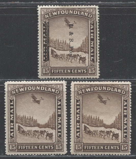 Lot 73 Newfoundland #211, C6, C9 15c Brown Dog Sled & Airplane, 1931-1933 Airmail & Land & Sea Post Overprint Issue, 3 F/VFOG Singles