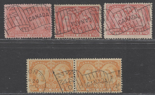 Lot 73 Canada #51, 53, 53i 1c & 3c Orange, Rose and Bright Rose Queen Victoria, 1897 Diamond Jubilee Issue, Three Fine Used Singles and a Pair With Bickerdike Flag Cancellations