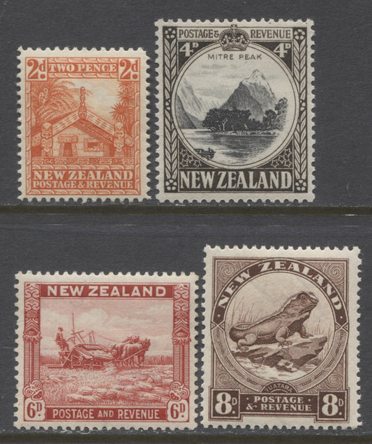 Lot 73 New Zealand SG#580d, 583d, 585c & 586d 1936-42 Pictorial Issue, A Partial VFNH Set With The 2d, 4d, 6d & 8d Values. Mult NZ & Star WMK. Various Perfs. SG. Cat. 44.25 GBP = $76.11