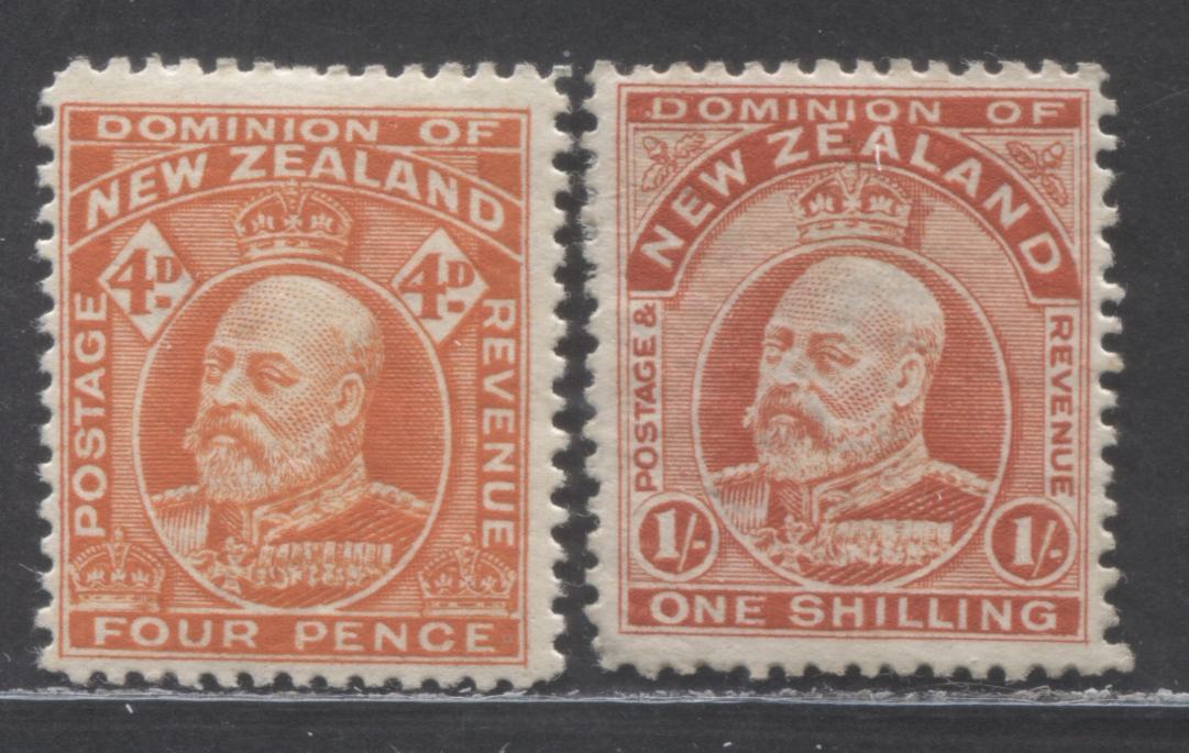 Lot 73 New Zealand SC#134/139a 1909-1916 King Edward VII Issue, Perf 14, 2 FOG Singles, Click on Listing to See ALL Pictures, 2022 Scott Classic Cat. $112.5 USD
