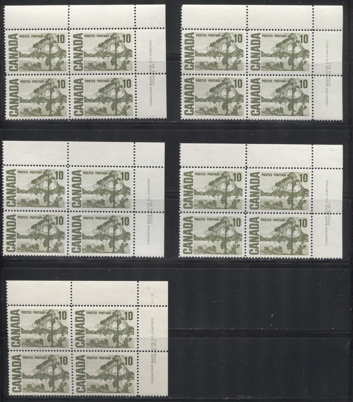 Lot 74 Canada #462 10c Olive Green Jack Pine, 1967-1973 Centennial Definitive Issue, Five VFNH UR Plate 1 Blocks Of 4 On DF Horizontal Wove Papers, Different Ink Fluorescenses Under UV And Smooth & Streaky Dex Gums