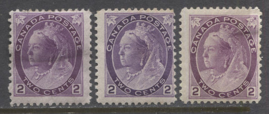 Lot 74 Canada #76,i,ii 2c Purple, Violet & Reddish Purple Queen Victoria, 1898-1902 Numeral Issue, 3 Fine OG Singles of the Three Shades