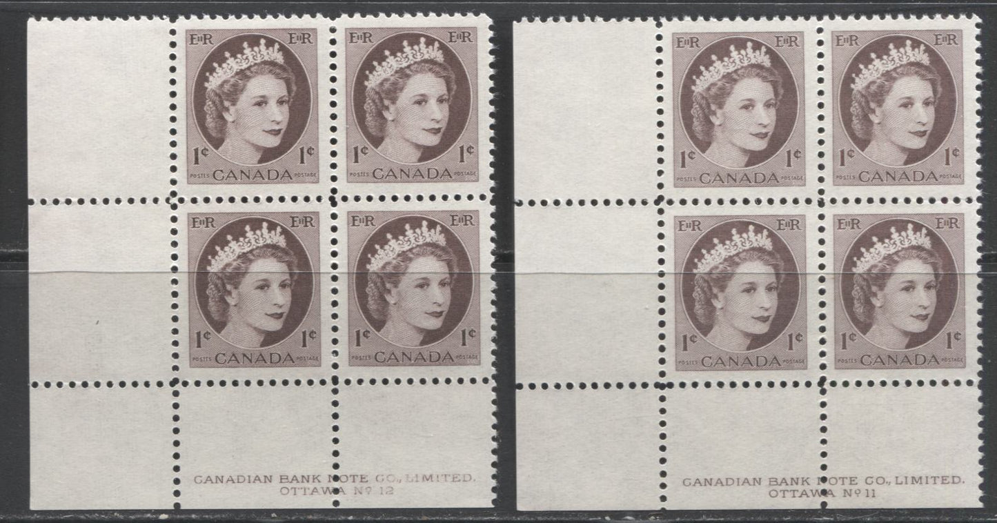 Lot 74 Canada #337vi 1c Violet Brown Queen Elizabeth II, 1954 Wilding Issue, 2 VFNH LL Plates 11 & 12 Blocks Of 4 On Speckled Fluorescent Vertical Ribbed Paper