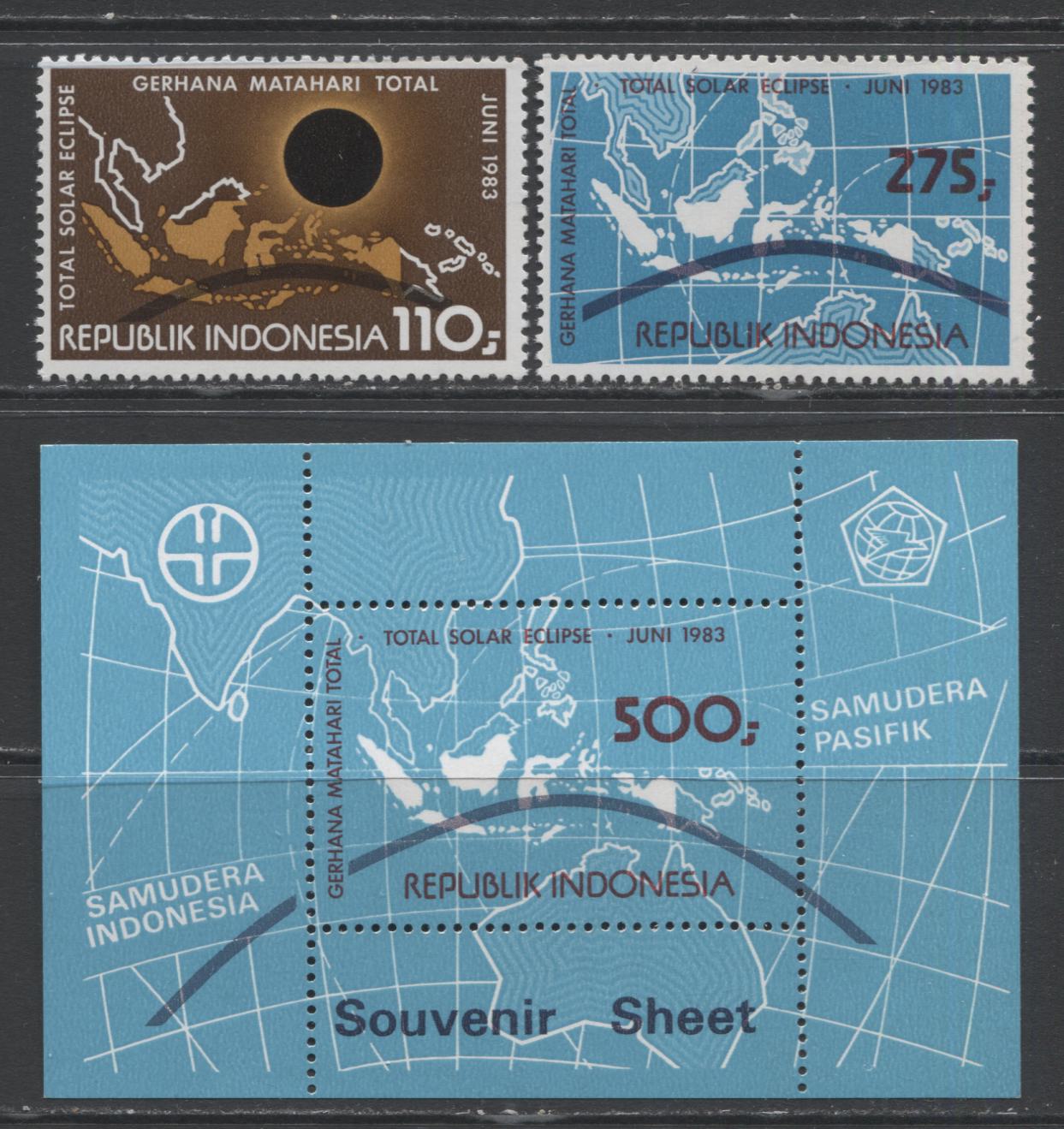 Lot 75 Indonesia SC#1196-1198 1983 Total Solar Eclipse Issue, A VFNH Range Of Singles & Souvenir Sheet, 2017 Scott Cat. $20.35 USD, Click on Listing to See ALL Pictures