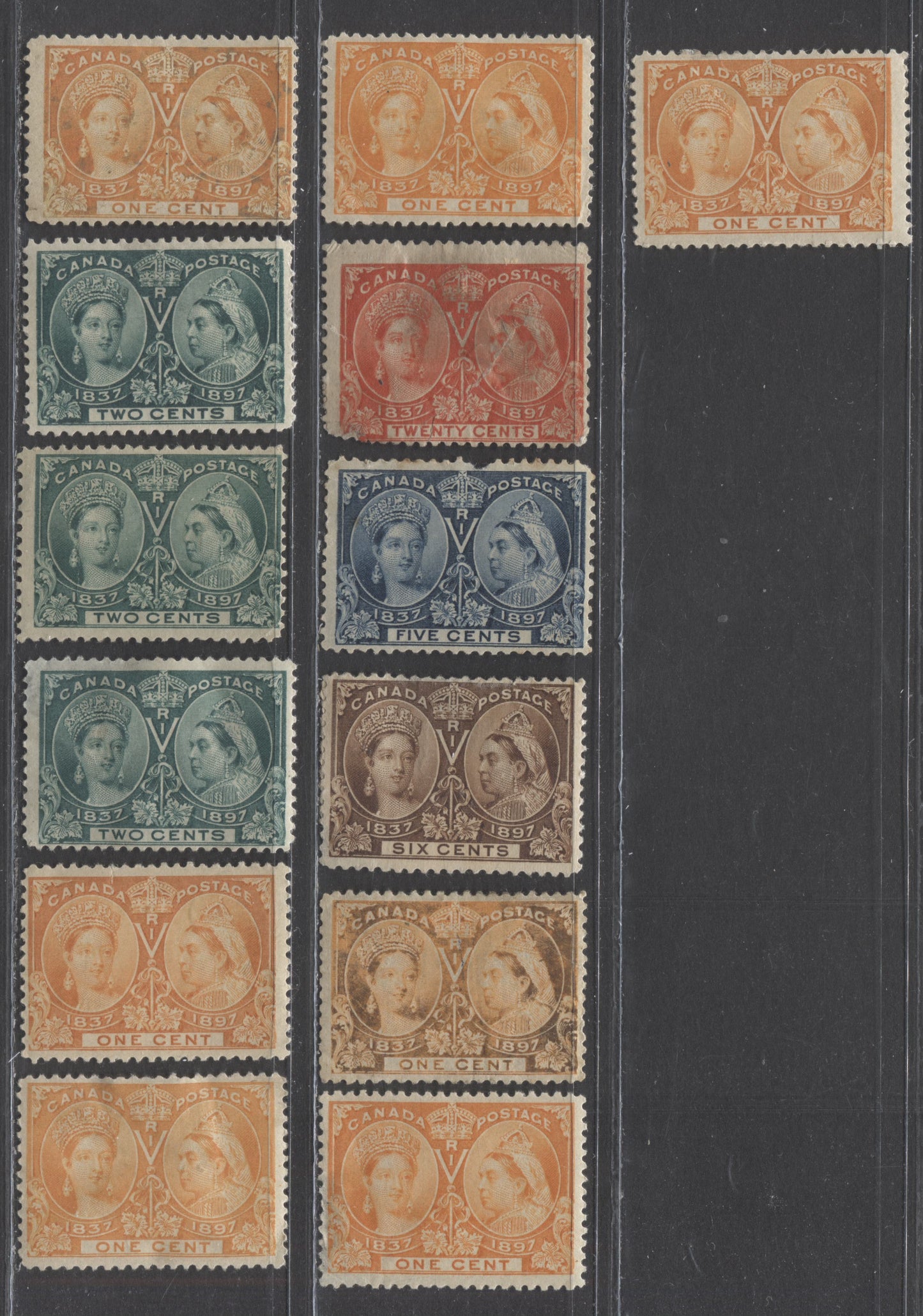 Lot 75 Canada #51/59i 1c-20c Orange-Deep Vermillion Queen Victoria, 1897 Diamond Jubilee Issue, An Ungraded Sudy Lot of 13 Mint Stamps