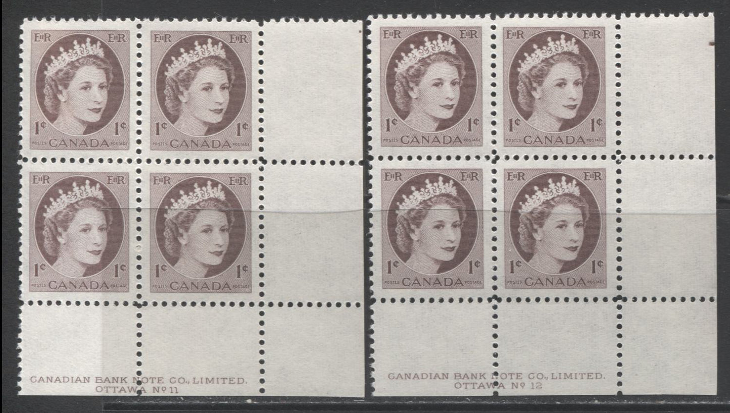 Lot 75 Canada #337vi 1c Violet Brown Queen Elizabeth II, 1954 Wilding Issue, 2 VFNH LR Plates 11-12 Blocks Of 4 On Speckled Fluorescent Vertical Ribbed Paper Showing Large & Small Selvedge Dots