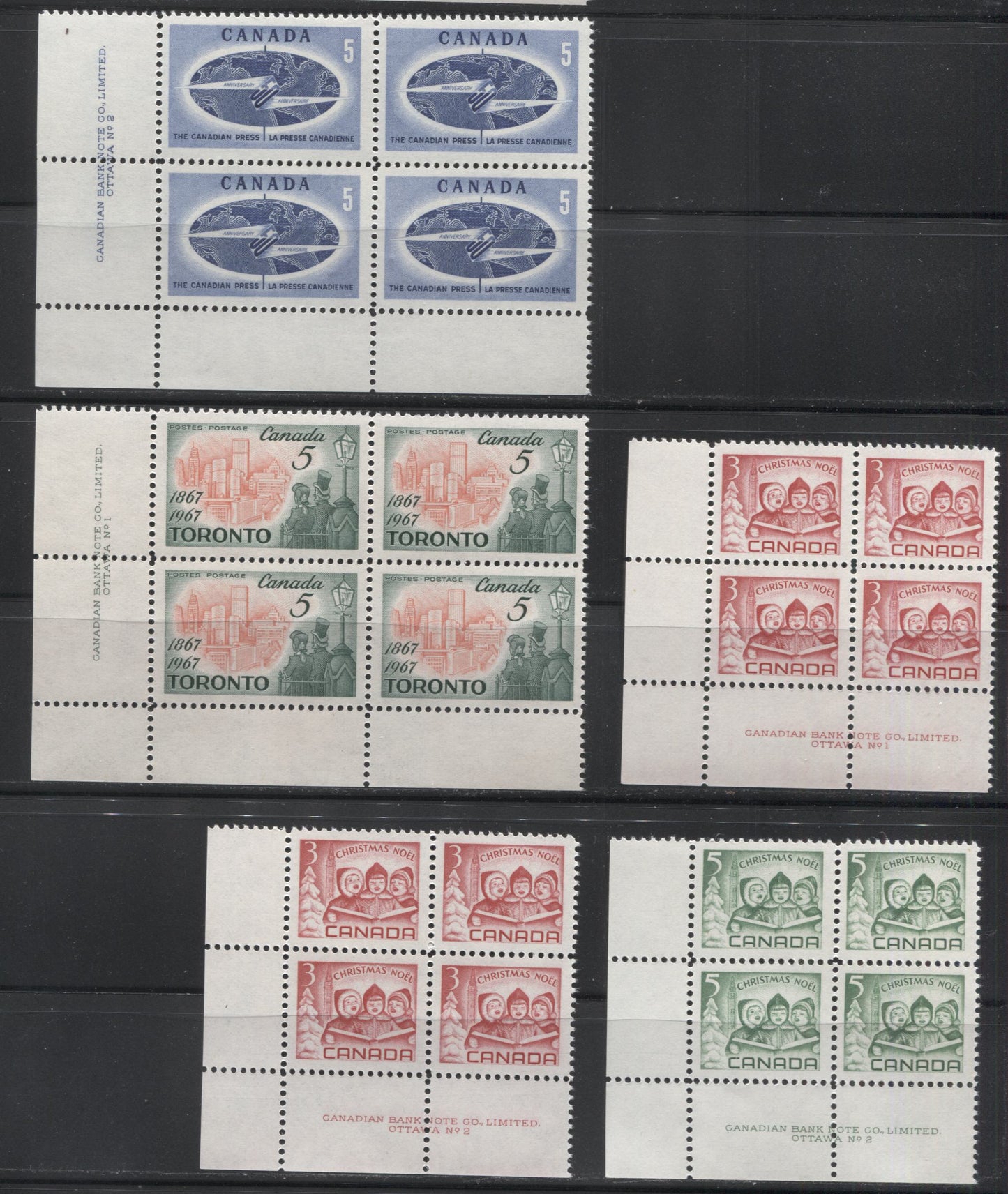 Lot 76 Canada #473i, 475i-477i 5c & 3c Deep Ultramarine - Carmine Globe - Children Carolling, 1967 Commemoratives, 6 VFNH LL Plates 1-2 Blocks Of 4 On Dull Fluorescent & Fluorescent Papers