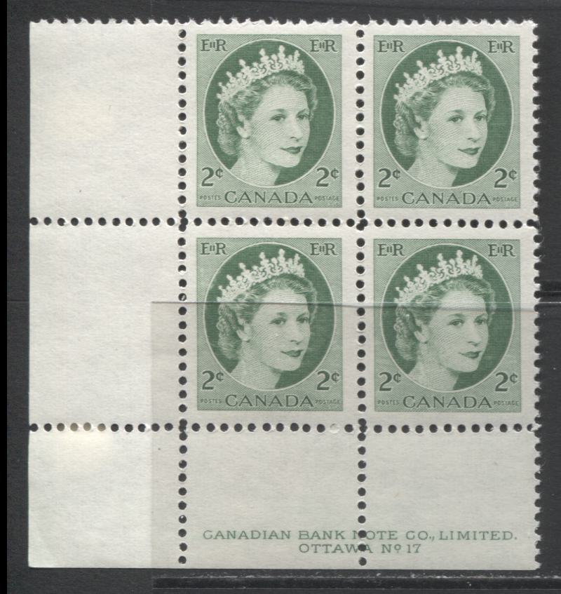 Lot 77 Canada #338iivar 2c Green Queen Elizabeth II, 1954 Wilding Issue, A VFNH LL Plate 17 Block Of 4 On Unlisted LF Vertical Ribbed Paper