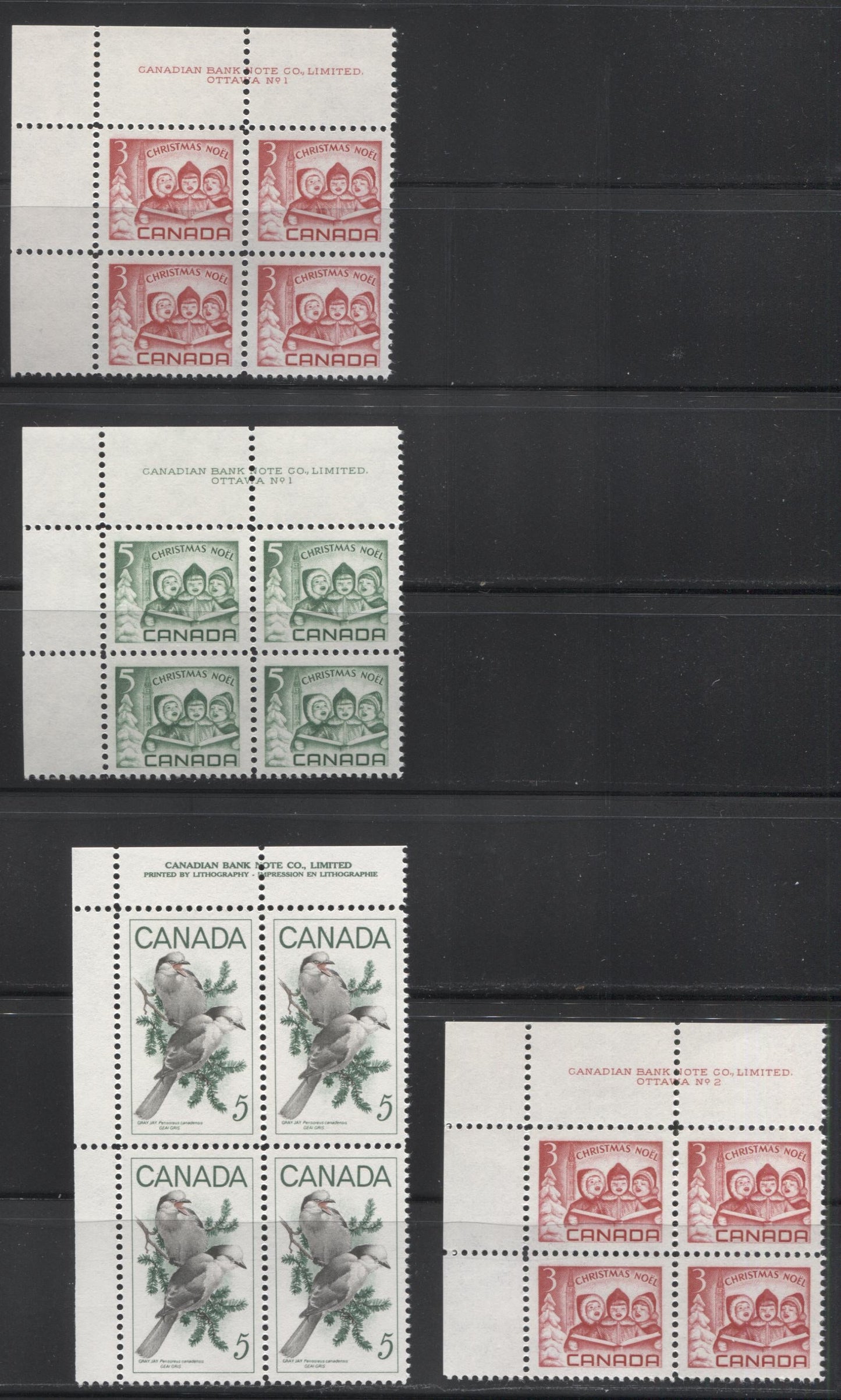 Lot 78 Canada #476-478 3c & 5c Carmine - Green, Black & Red Children Carolling - Gray Jays, 1967-1968 Commemoratives, 4 VFNH UL Plates 1-2 Blocks Of 4 On Dull Fluorescent & Fluorescent Papers