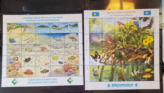 Lot 7 Palau SC#221/246 1989-1990 World Stamp Expo & Lagoon Life, 2 VFNH Plate Sheets Of 20 & 25, Click on Listing to See ALL Pictures, 2017 Scott Cat.  $24.5 USD