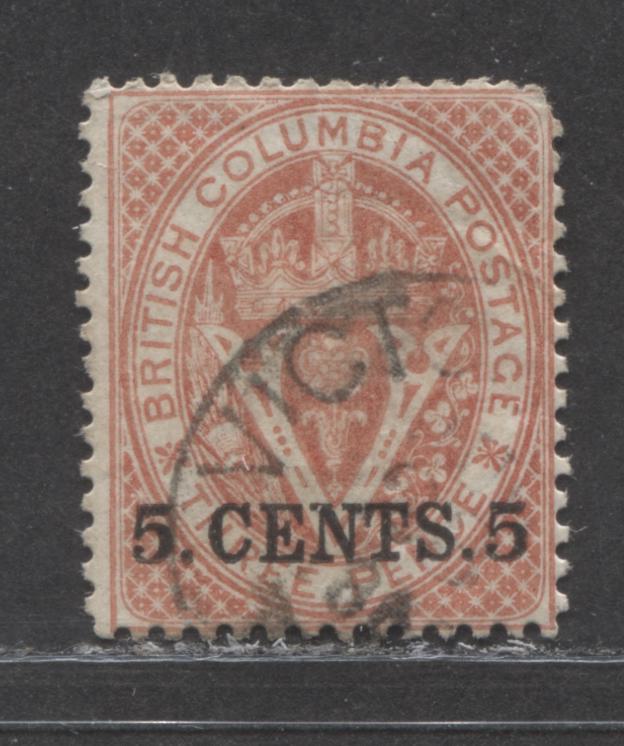 Lot 8 British Columbia #9 5c On 3d Bright Red Seal Of BC, 1867-1871 Surcharge Issue, A Very Good Used Single, Perf 14