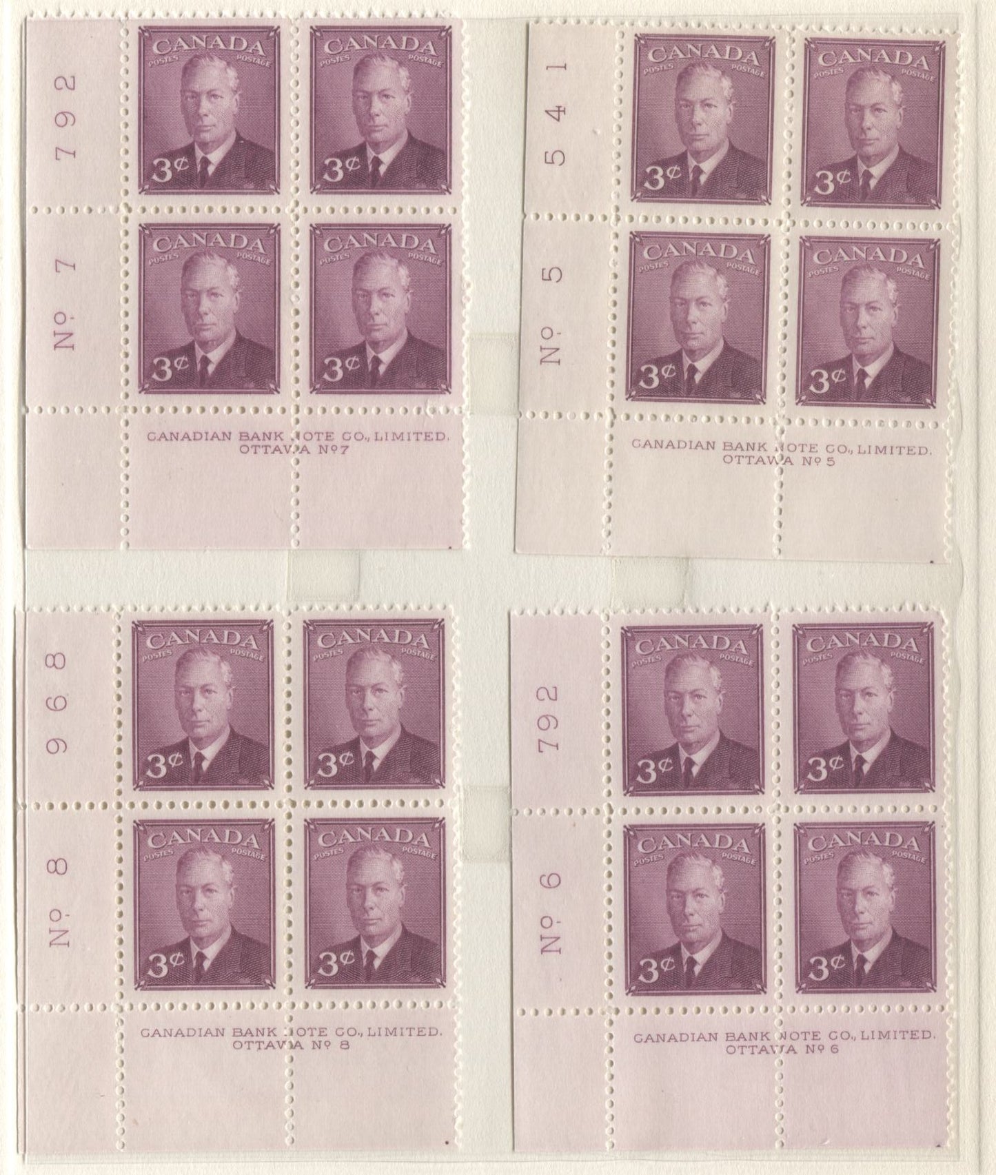 Lot 8 Canada #286 3c Rose Violet King George VI, 1949 Postes-Postage Issue, 8 VFNH LL Plates 1-8 Blocks Of 4