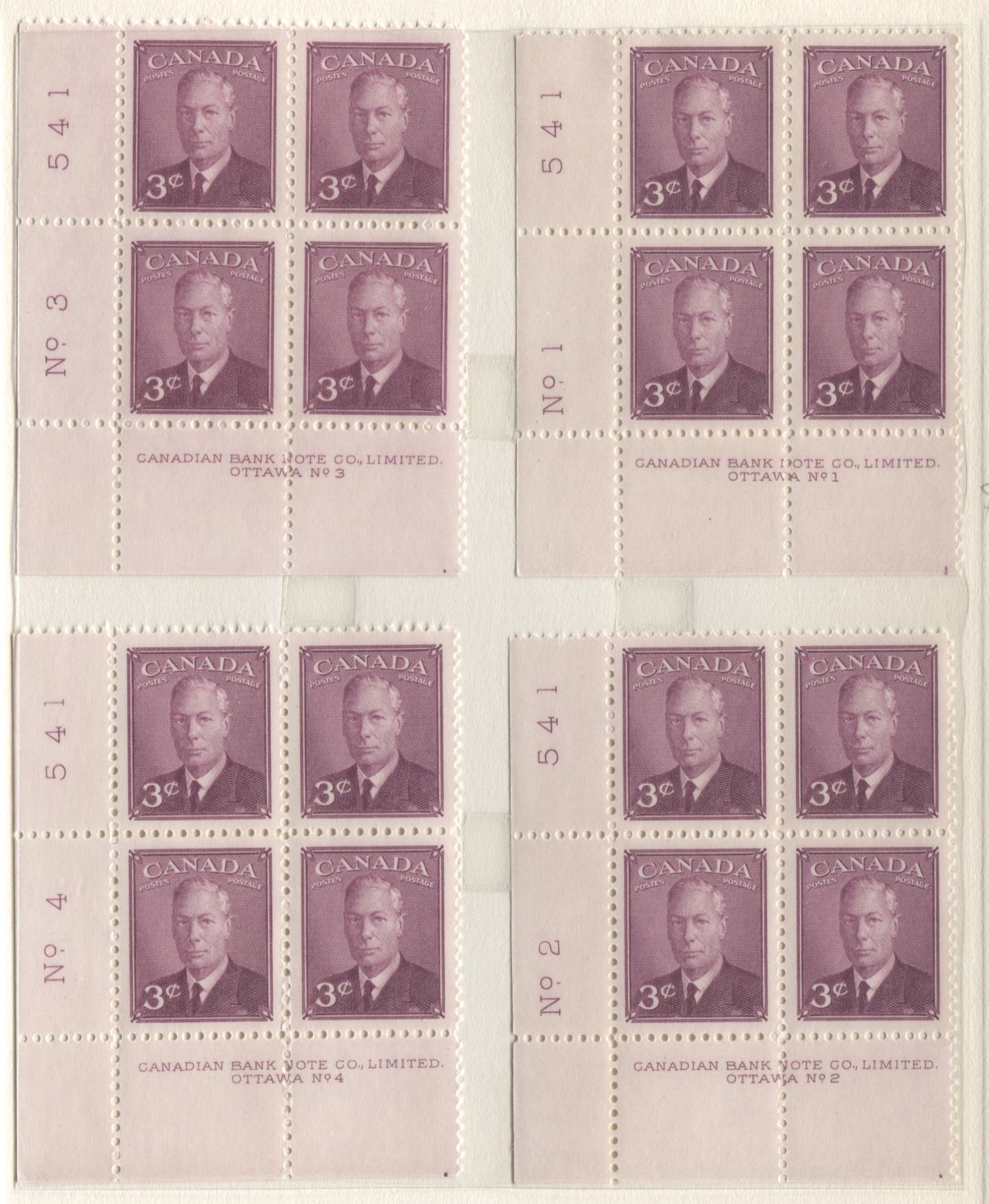 Lot 8 Canada #286 3c Rose Violet King George VI, 1949 Postes-Postage Issue, 8 VFNH LL Plates 1-8 Blocks Of 4