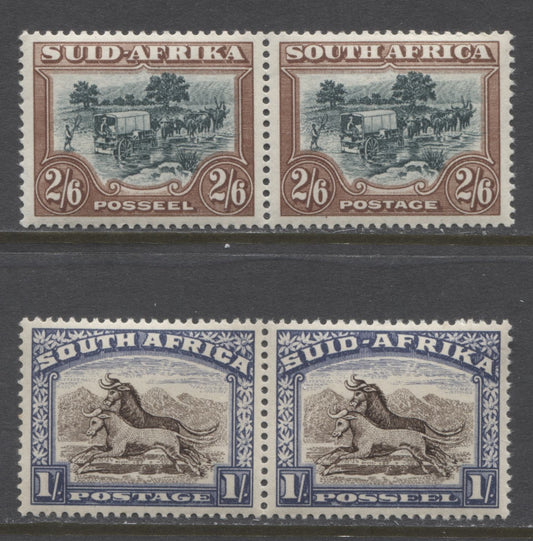 Lot 81 South Africa SG#120-121, 1947-1954 Screened Rotogravure Pictorial Issue, 2 VFNH Pairs of the 1s And 2/6 Values, Perf 14, Mult Springbok's Head Watermark, SG. Cat. 22 GBP = $37.84