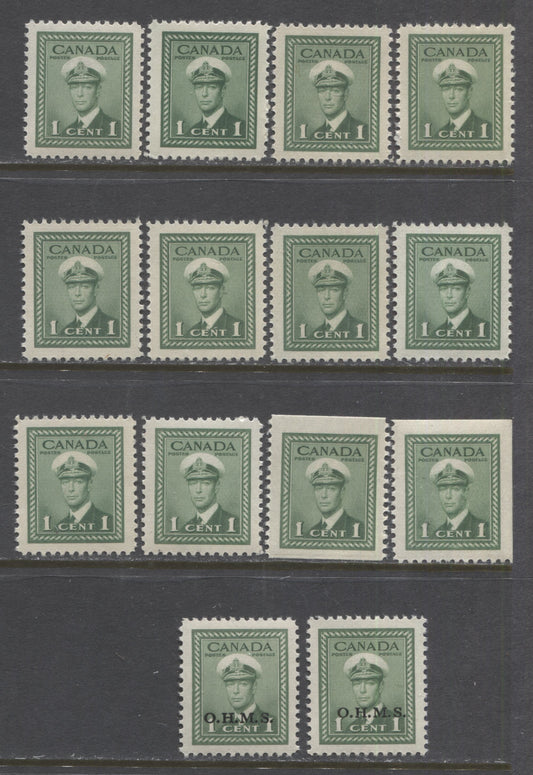 Lot 81 Canada #249-as, O1 1c Green King George VI, 1942-1943 War Issue, 14 VFNH Sheet, Booklet & OHMS Overprinted Singles With Different Papers, Shades & Gums