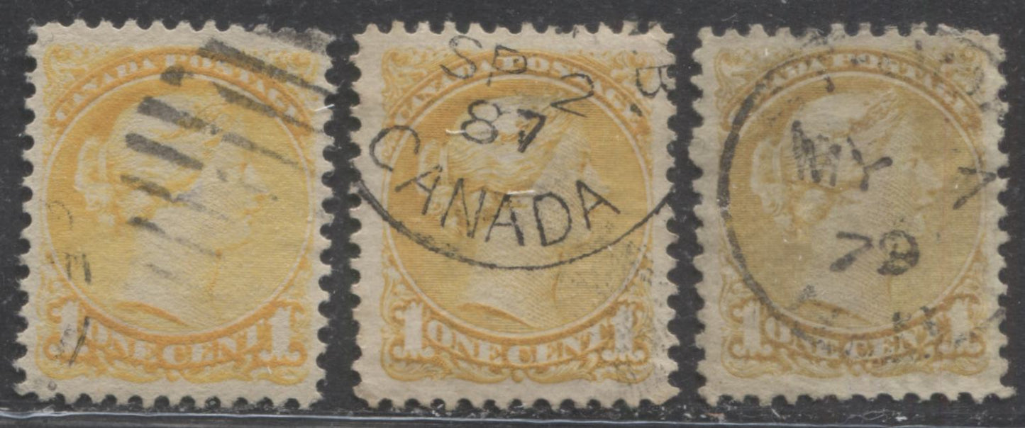 Lot 81 Canada #35, 35i 1c Yellow Queen Victoria, 1870-1897 Small Queen Issue, Three VF Used Examples Montreal and Second Ottawa, Various Perfs, Soft Horizontal and Stout Horizontal Wove