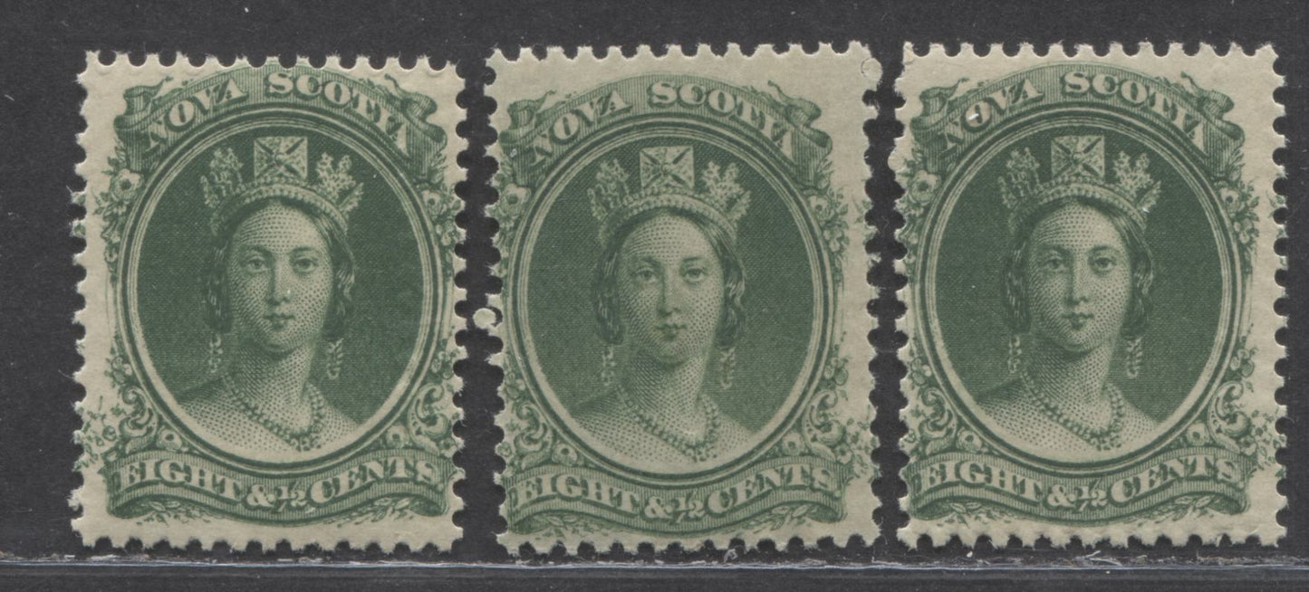 Lot 81 Nova Scotia #11a, 11i 8.5c Deep Green & Yellow Green Queen Victoria, 1860-1863 First Cents Issue, 3 FNH Singles Perf 12 x 11.75, 11.75 x 12 & & 11.75