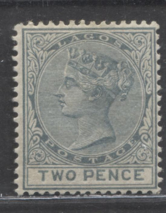 Lot 81 Lagos SC#17 2d Slate 1884-1886 Queen Victoria Keyplate Issue, Crown CA Watermark, Early Printing With Crackly Gum, A VFOG Example, Click on Listing to See ALL Pictures, 2022 Scott Classic Cat. $100 USD