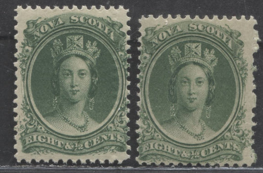 Lot 81 Nova Scotia #11, 11a 8.5c Green Queen Victoria, 1860-1863 First Cent's Issue, 2 FNH Singles On Yellowish & White Paper, Perf 11.75
