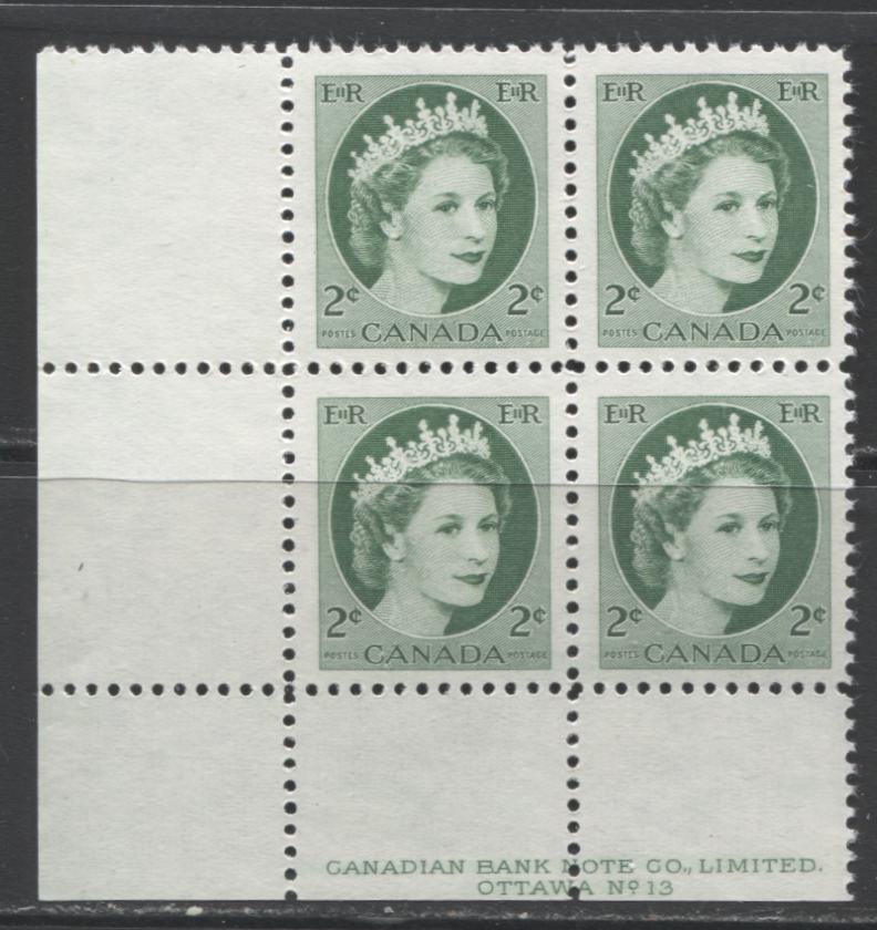 Lot 81 Canada #338v 2c Green Queen Elizabeth II, 1954 Wilding Issue, A VFNH LL Plate 13 Block Of 4 On Speckled Fluorescent Vertical Ribbed Paper