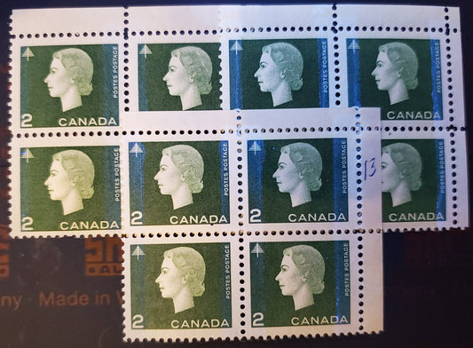 Lot 81 Canada #402ii 2c Green Forestry, 1962-1963 Cameo Issue, 3 F/VFNH UR Winnipeg Tagged Field Stock Blocks Of 4 With Different Tagging Intensities, Wide & Narrow Tag Bars