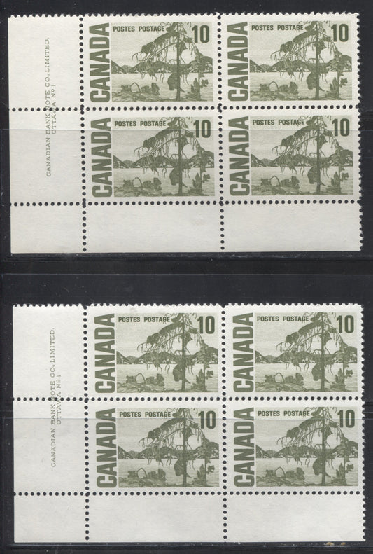 Lot 82 Canada #462i 10c Olive Green Jack Pine, 1967-1973 Centennial Definitive Issue, Two VFNH LL Plate 1 Blocks Of 4 On NF Light Violet & Gray Horizontal Wove Papers With Smooth Dex Gums