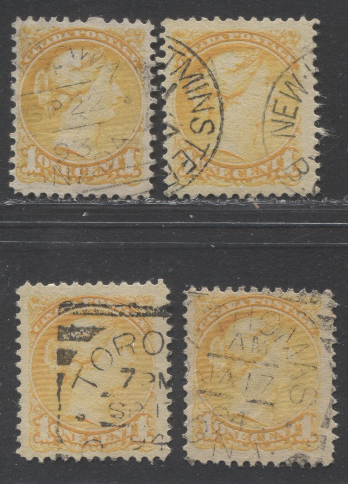 Lot 82 Canada #35 1c Yellow Queen Victoria, 1870-1897 Small Queen Issue, Four VF Used Examples Second Ottawa, Various Perfs, Soft Horizontal Wove, With Squarred Circle and CDS Cancels