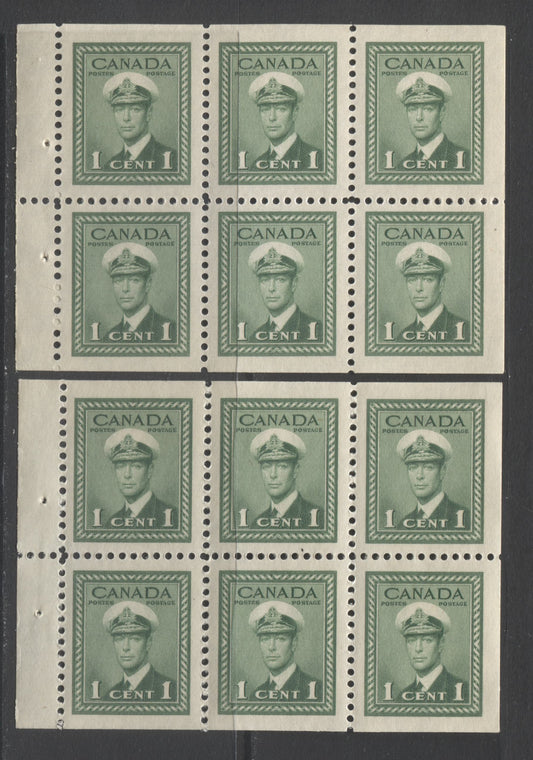 Lot 82 Canada #249b 1c Green King George VI, 1942-1943 War Issue, 2 VFNH Booklet Panes Of 6 On Horizontal Ribbed & Vertical Wove Papers