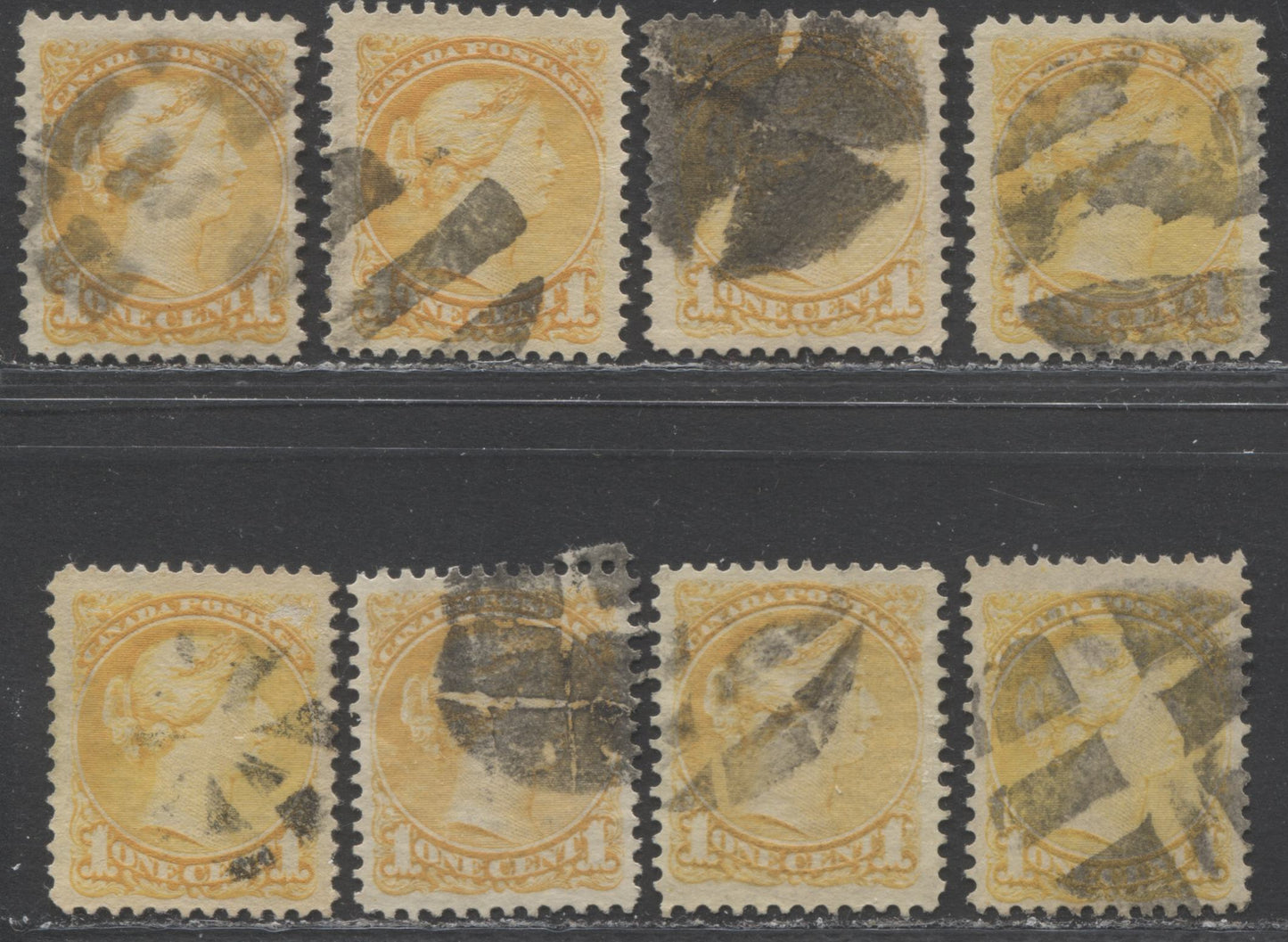 Lot 83 Canada #35, 35i 1c Lemon Yellow and Yellow Queen Victoria, 1870-1897 Small Queen Issue, Eight Fine and VF Used Examples Montreal and Second Ottawa, Various Perfs, Soft Horizontal and Stout Horizontal Wove, All With Clear Segmented Cork Cancels