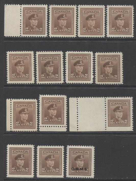 Lot 83 Canada #250-as, O2 2c Brown King George VI, 1942-1943 War Issue, 14 Very Fine NH & LH Sheet, Booklet & OHMS Singles, Different Shades, Papers and Gums