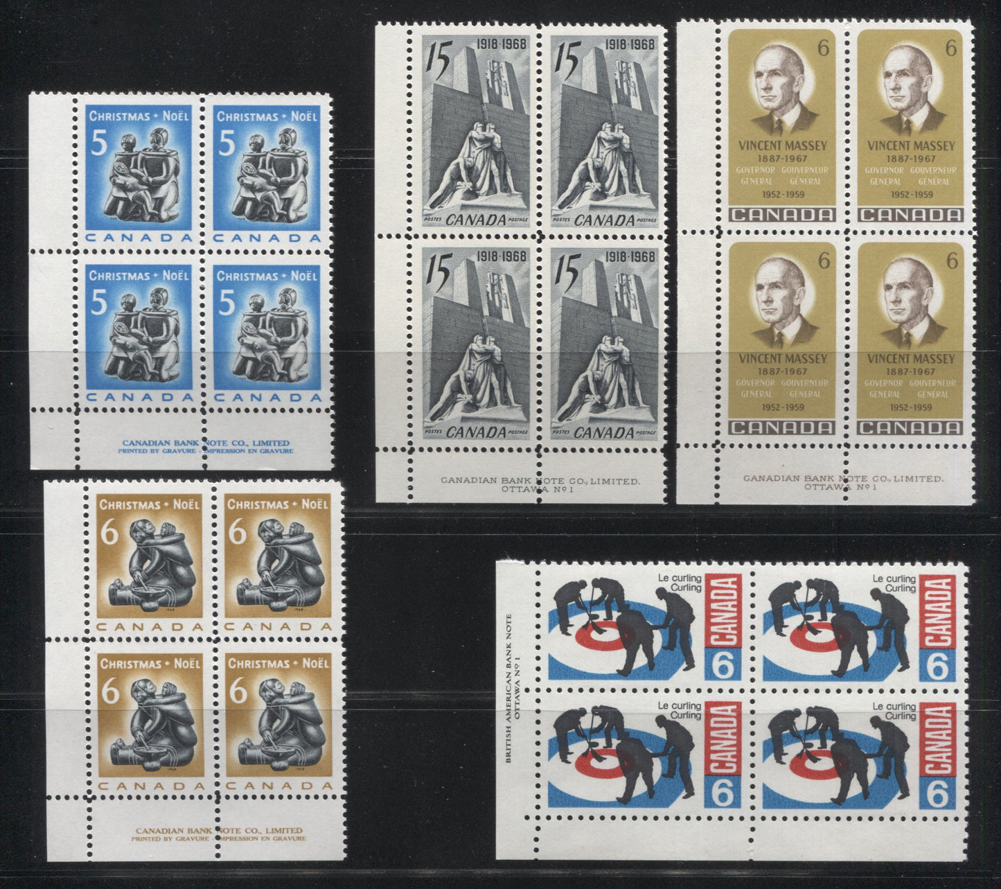 Lot 83 Canada #486, 488-491 5c, 6c & 15c Slate - Yellow Olive & Dark Brown Vimy Memorial - Vincent Massey, 1968-1969 Commemoratives, 5 VFNH LL Plate 1 Blocks Of 4 On Dull, Fluorescent and HB Papers