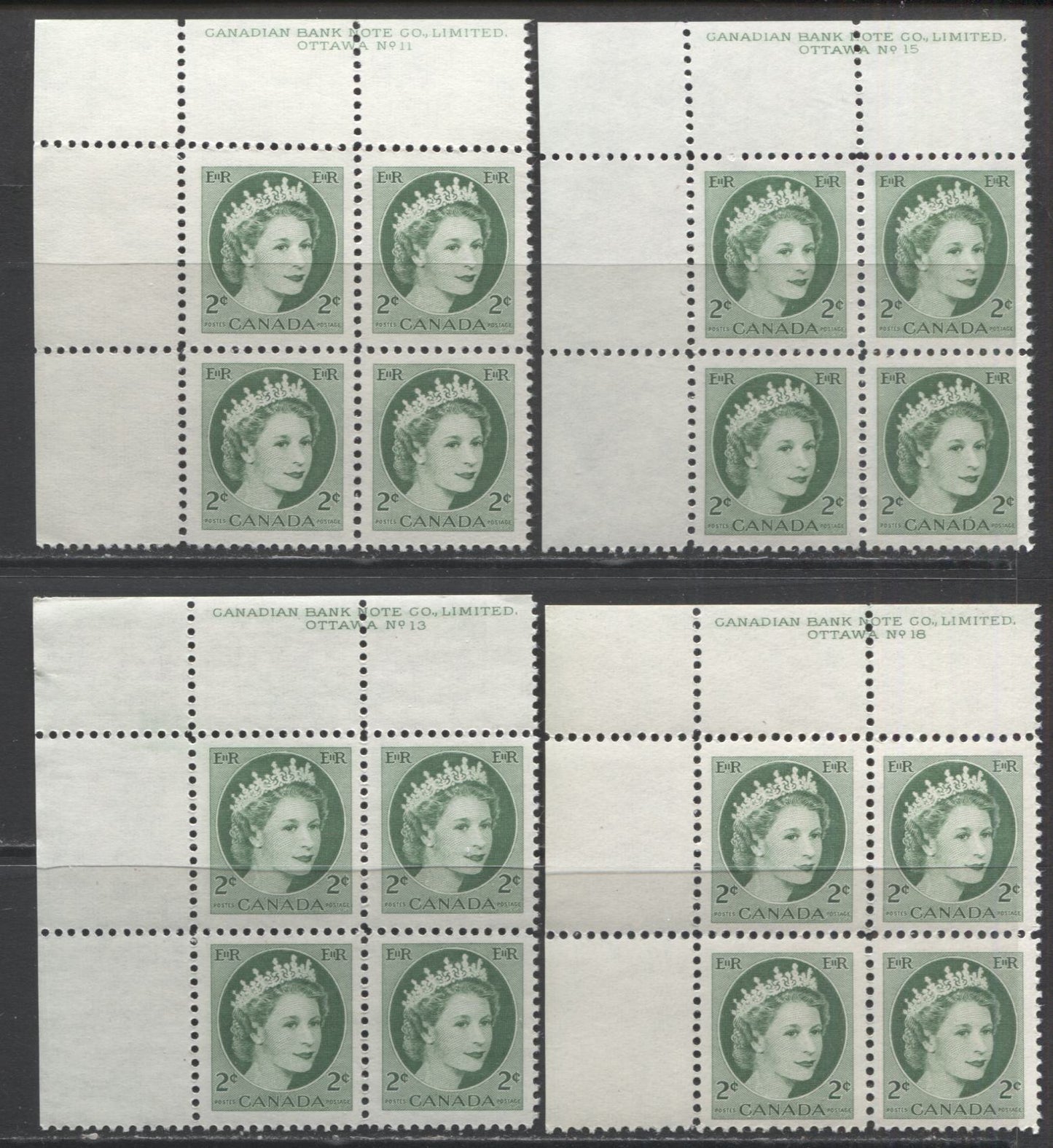 Lot 83 Canada #338 2c Green Queen Elizabeth II, 1954 Wilding Issue, 4 VFNH UL Plates 11, 13, 15 & 18 Blocks Of 4