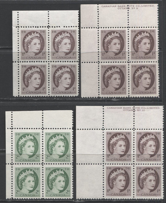 Lot 84 Canada #337-338, 337p 1c & 2c Violet Brown & Green Queen Elizabeth II, 1954 Wilding Issue, 4 VFNH UL Plates 9, 12 & Blank Corner Blocks Of 4, Including Winnipeg Tagged