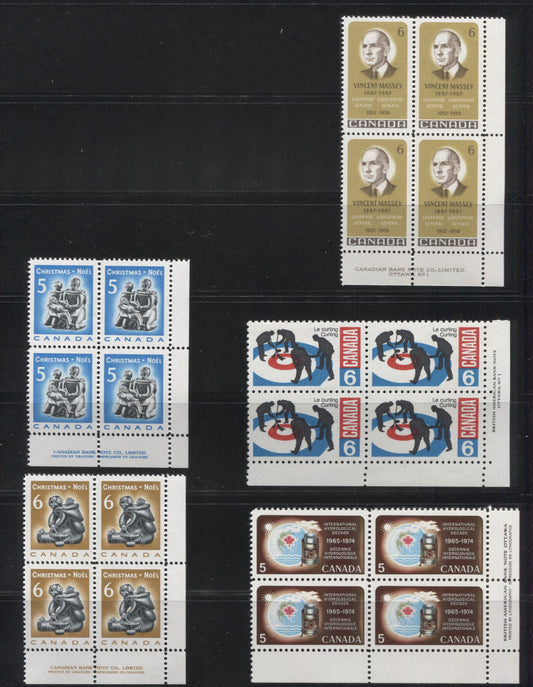 Lot 84 Canada #481i, 488-491 5c & 6c Multicolored - Yellow Olive & Dark Brown Rain Gauge - Vincent Massey, 1968-1969 Commemoratives, 5 VFNH LR Plate 1 Blocks Of 4 On Dull & HB Papers