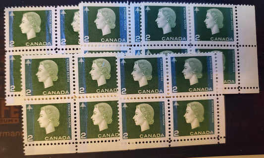 Lot 84 Canada #402p,ii 2c Green Forestry, 1962-1963 Cameo Issue, 5 VFNH LR Winnipeg Tagged Field Stock Blocks Of 4 With Different Tagging Intensities, Wide & Narrow Tag Bars, Pane Positions & Gum Varieties