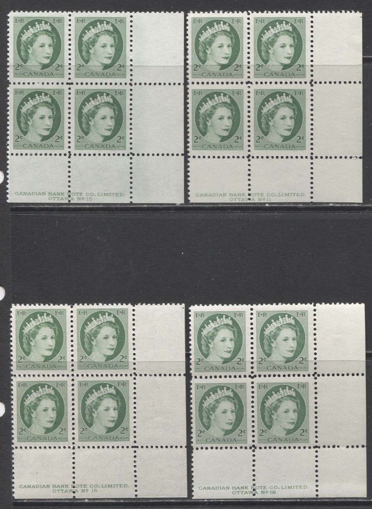 Lot 85 Canada #338 2c Green Queen Elizabeth II, 1954 Wilding Issue, 4 Fine and VFNH LR Plates 11, 15-16 & 18 Blocks Of 4