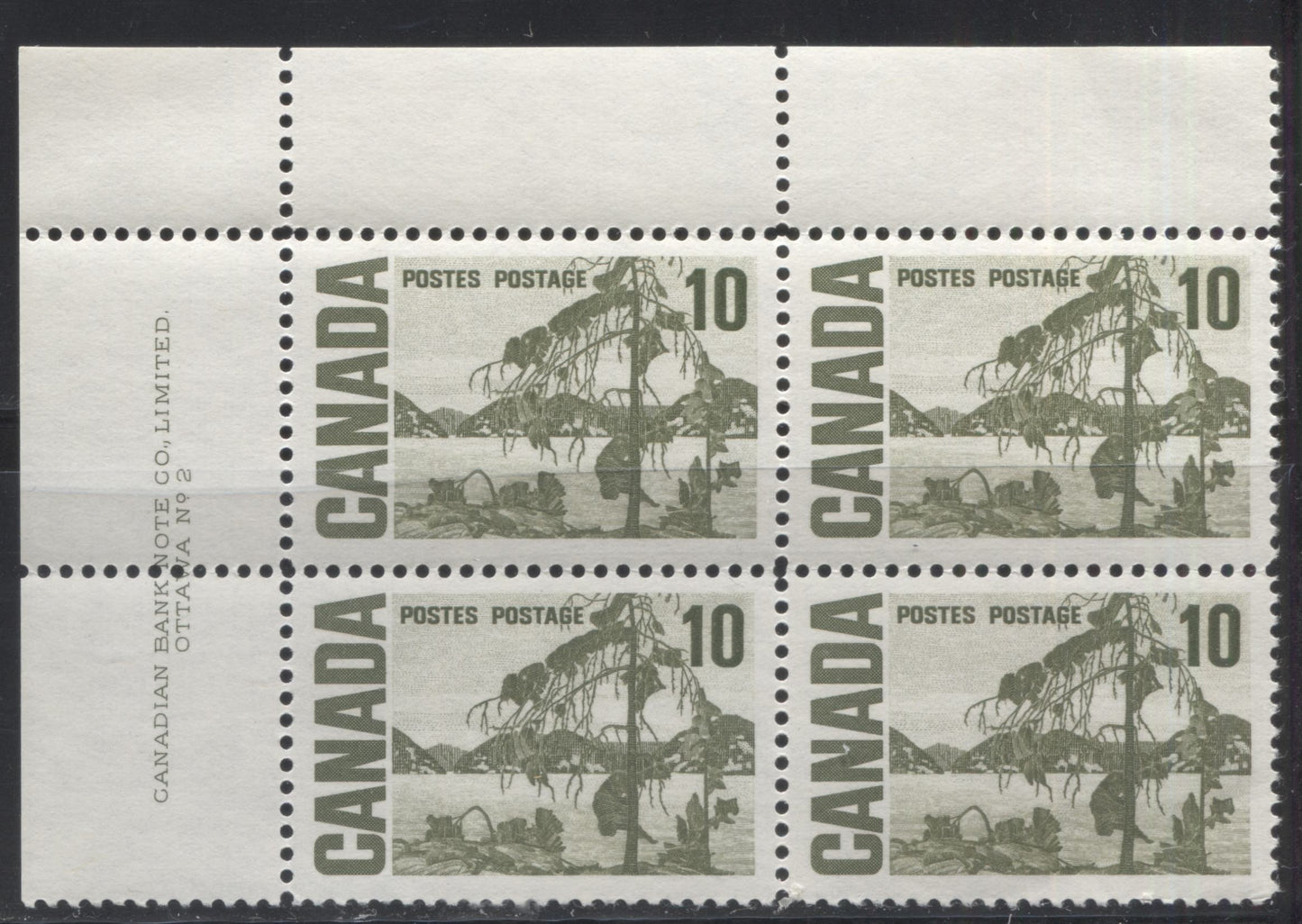 Lot 85 Canada #462ii 10c Olive Green Jack Pine, 1967-1973 Centennial Definitive Issue, A VFNH UL Plate 2 Block Of 4 On DF-fl Grayish White Horizontal Wove Paper With Very Sparse MF Fibers, Dark Olive Green Ink Under UV And Streaky Dex Gum