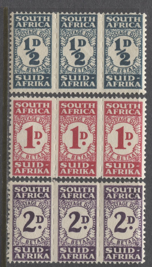 Lot 85 South Africa SG#D30-D32, 1943-1944 Rotogravure Bantam Postage Dues, A Partial Set Of VFNH Units Of 3, Perf 15 x 14, Mult Springbok's Head Watermark, SG. Cat. 35.50 GBP = $61.06