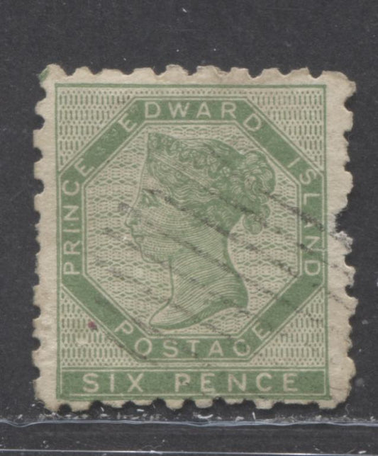 Lot 85 PEI #3 6d Yellow Green Queen Victoria, 1861 First Pence Issue, A Fair Used Single With A Pulled Perf Small Tear, Perf 9