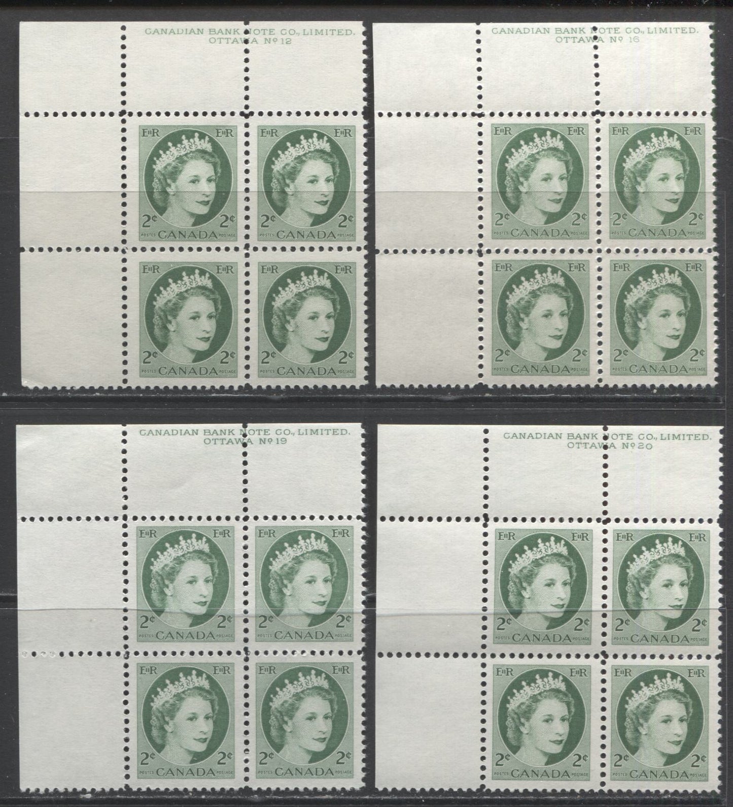 Lot 86 Canada #338 2c Green Queen Elizabeth II, 1954 Wilding Issue, 4 VFNH UL Plates 12, 16, 19-20 Blocks Of 4