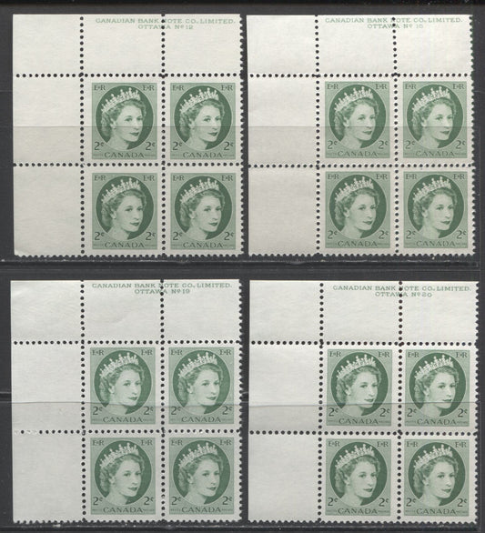 Lot 86 Canada #338 2c Green Queen Elizabeth II, 1954 Wilding Issue, 4 VFNH UL Plates 12, 16, 19-20 Blocks Of 4