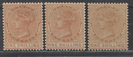 Lot 86 Lagos SC#32 1/- Orange 1884-1886 Queen Victoria Keyplate Issue, Crown CA Watermark, Different Printings, 3 VFNH Examples, Click on Listing to See ALL Pictures, Estimated Value $125 USD