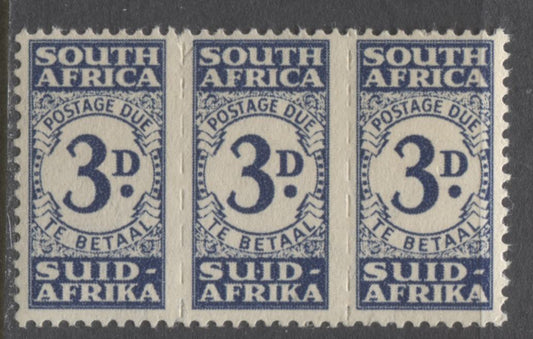 Lot 86 South Africa SG#D33, 1943-1944 Rotogravure Bantam Postage Dues, A VFNH Unit Of 3 of the 3d, Perf 15 x 14, Mult Springbok's Head Watermark, SG. Cat. 55.00 GBP = $94.60