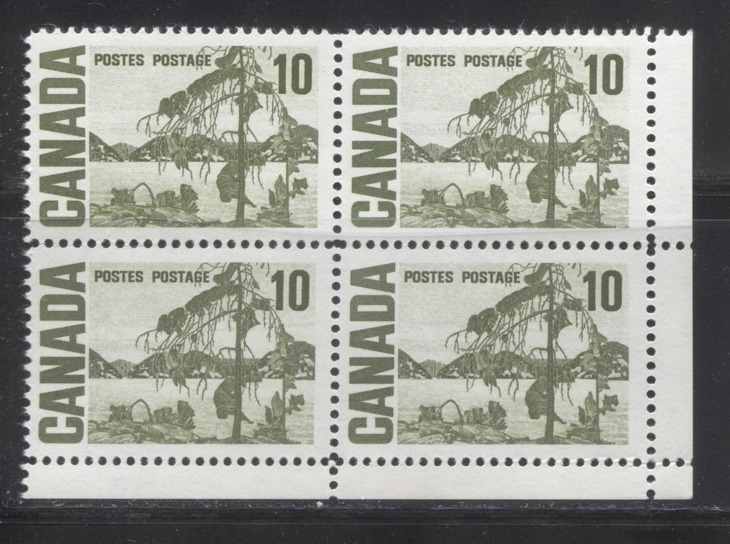 Lot 86 Canada #462iii 10c Olive Green Jack Pine, 1967-1973 Centennial Definitive Issue, A VFNH LR Field Stock Block Of 4 On HB10 Vertical Wove, Vertical Ribbed Paper With Black Ink Under UV And Spotty White Gum, Narrow Selvedge