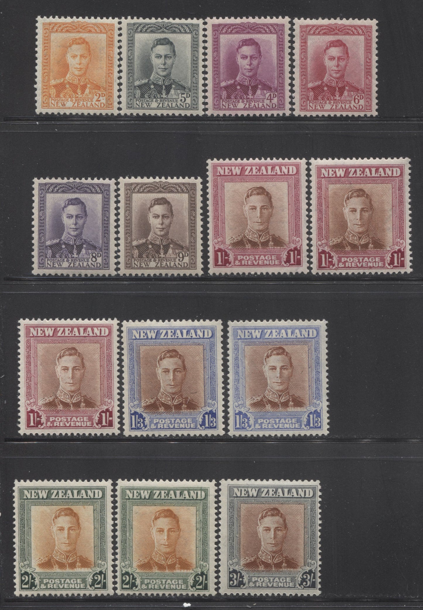 Lot 86 New Zealand SG#680-689 1947-52 KGVI Pictorial Issue, A Complete VFNH Set Ranging From 2d to 3s Plus Plate and Watermark Varieties. Mult NZ + Star Wmk, Various Perfs, SG. Cat. 40.20 GBP = $69.14