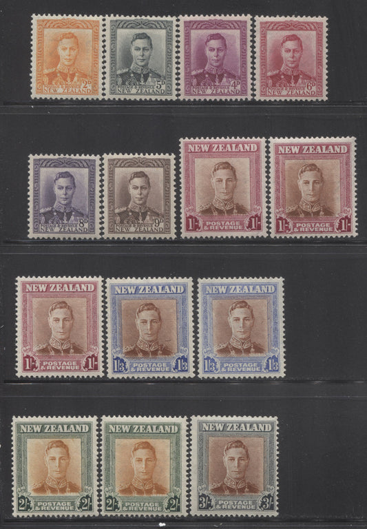 Lot 86 New Zealand SG#680-689 1947-52 KGVI Pictorial Issue, A Complete VFNH Set Ranging From 2d to 3s Plus Plate and Watermark Varieties. Mult NZ + Star Wmk, Various Perfs, SG. Cat. 40.20 GBP = $69.14